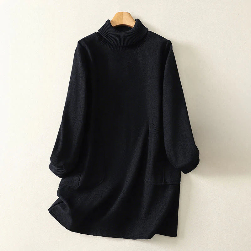 Buddha Stones Winter High Neck Warm Cotton Women's Long Sleeve Midi Dress With Pockets