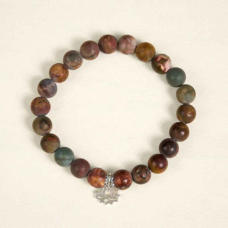 Buddha Stones 925 Sterling Silver Lotus Design Picasso Jasper Positive Bracelet