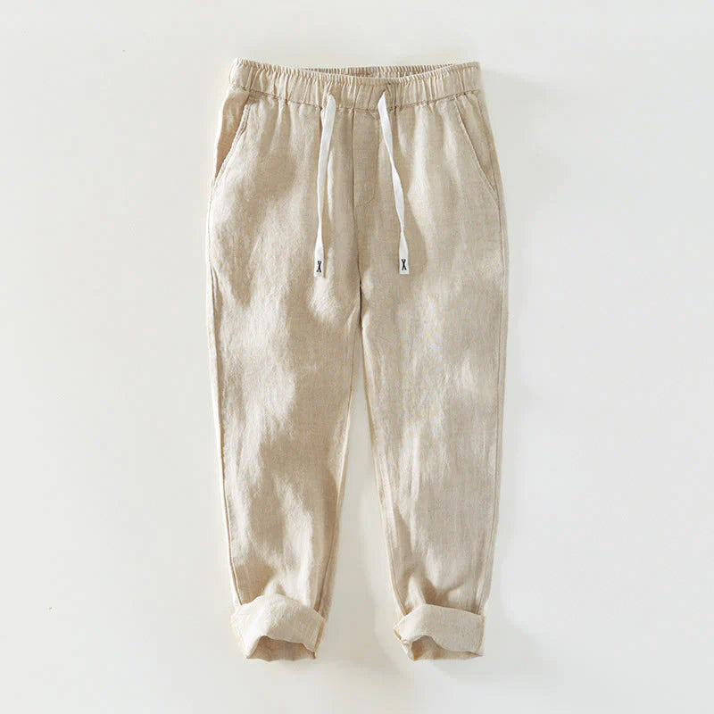 Buddha Stones Fall Solid Drawstring Elastic Waist Men's Linen Ankle-Length Pants With Pockets