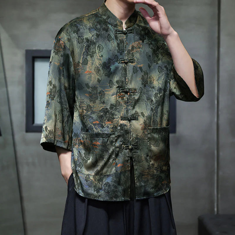 Buddha Stones Spring Frog-Button Dragon Mountain Flower Three Quarter Sleeve Tang Suit Men's Shirt With Pockets