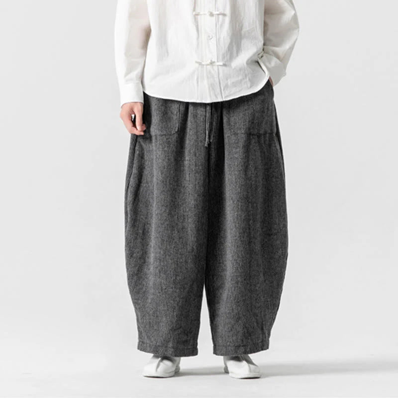 Buddha Stones Daily Solid Color Drawstring Design Men's Wide Leg Cotton Pants With Pockets