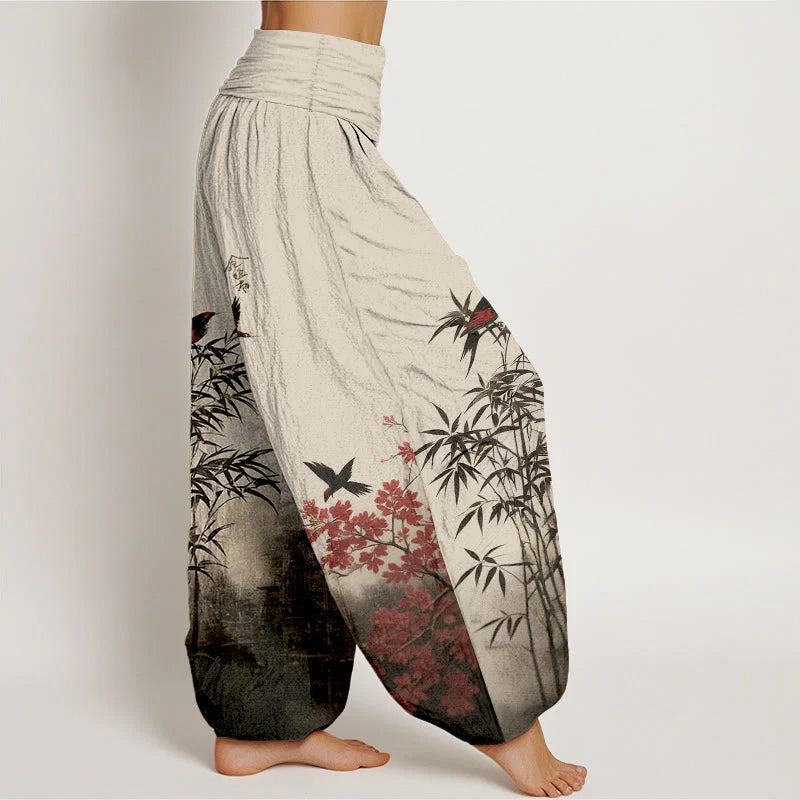 Buddha Stones Cotton Classical Bamboo Bird Flower Pattern Women's Elastic Waist Harem Pants