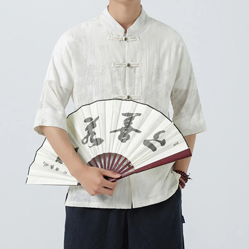 Buddha Stones Summer Pine Needles Pattern Short Sleeve Frog-Button Design Men's Shirt