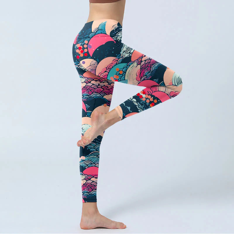 Buddha Stones Colorful Ocean Waves Print Gym Leggings Women's Yoga Pants
