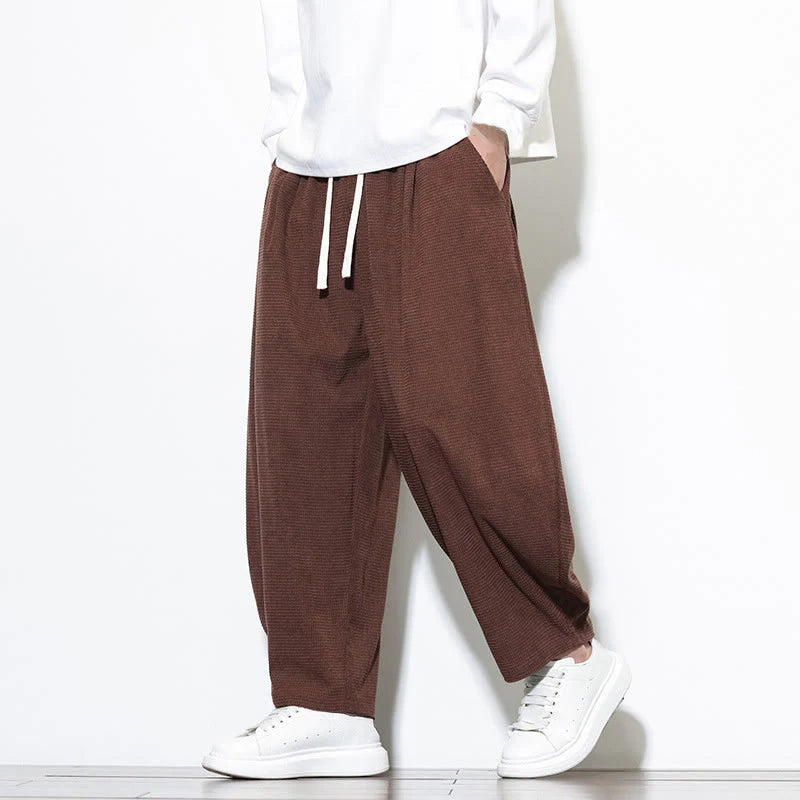 Buddha Stones Men's Plain Pure Cotton Corduroy Ankle-Length Harem Pants With Pockets