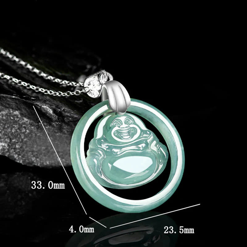 Buddha Stones Natural Jade Round Laughing Buddha Abundance Titanium Steel Chain Necklace Pendant