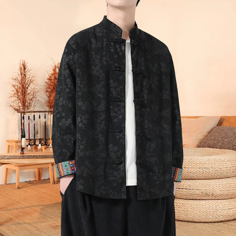 Buddha Stones Plain Plum Blossom Pattern Long Sleeve Men's Cotton Corduroy Tang Suit Jacket