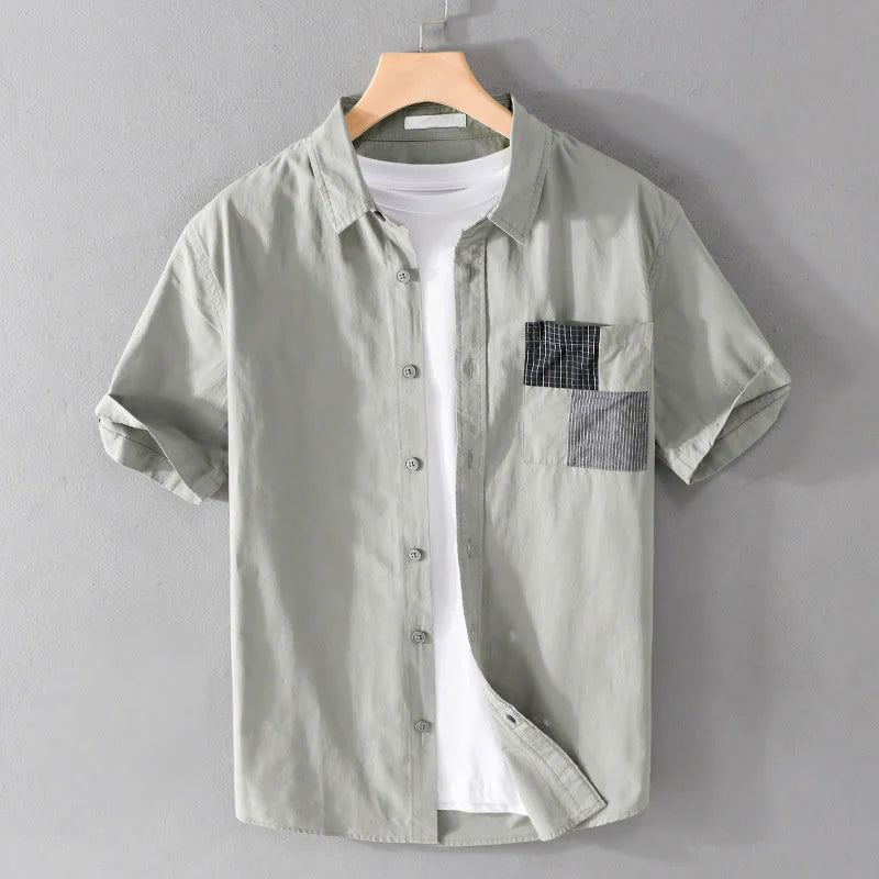 Buddha Stones Summer Buttons Square Striped Color Blocking Decorative Pocket Men's Short Sleeve Cotton Shirt