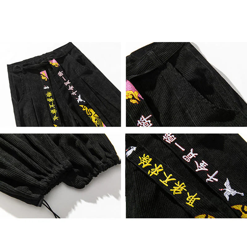 Buddha Stones Fall Winter Lace-up Chinese Character Embroidery Men's Corduroy Pants With Pockets