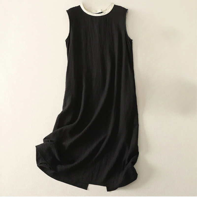 Buddha Stones Casual Stitching Color Handmade Button Design Midi Dress Polyester Sleeveless Dress With Pockets