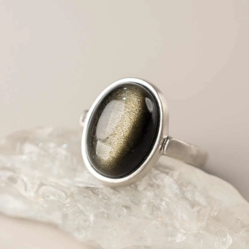 Buddha Stones Natural 925 Sterling Silver Gold Sheen Obsidian Adjustable Wealth Ring