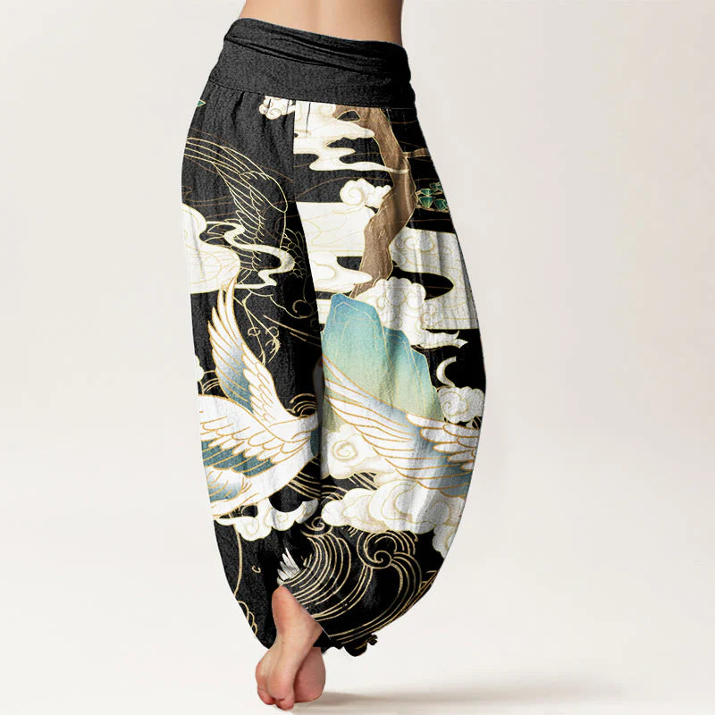 Buddha Stones Pure Cotton Flying Cranes Auspicious Clouds TreeÂ women's Elastic Waist Harem Pants