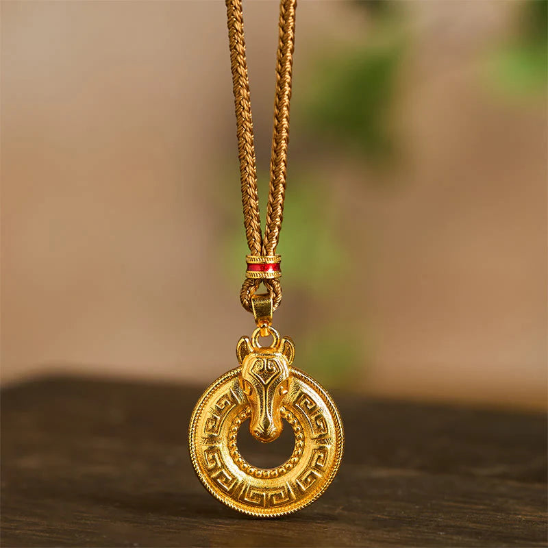 Buddha Stones Year Of The Horse Peace Buckle Fu Character Gold Plated Copper Energy Necklace Pendant