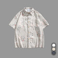 Buddha Stones Calligraphy Print Pattern Metal Bar Frog Closure Design Short Sleeve Men's Shirt With Pocket