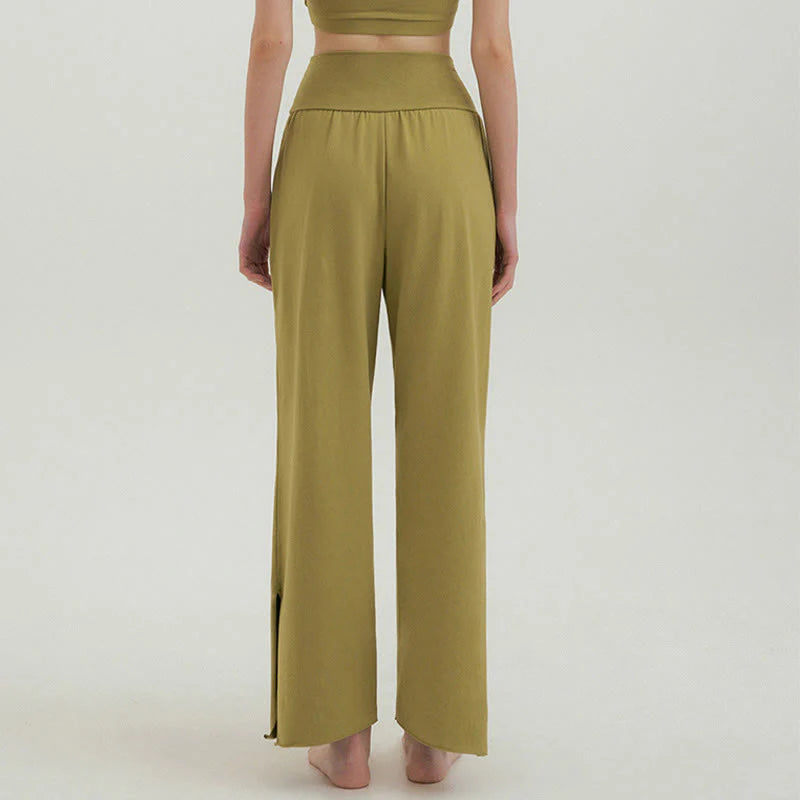Buddha Stones Casual Loose Tie-down Hem Plain High Waist Women's Leica Pants With Pockets