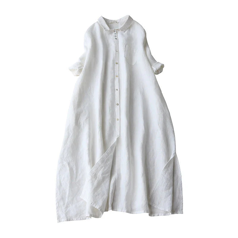 Buddha Stones Buttons Design Lapel Three Quarter Sleeve Midi Dress With Pockets