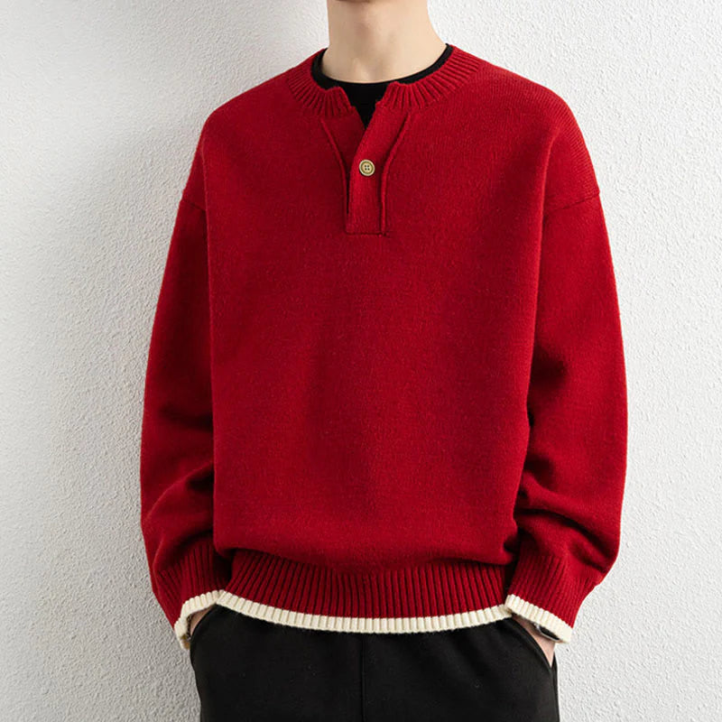 Buddha Stones Winter V-Neck One Button Design Warm Men's Long Sleeve Knitted Sweater