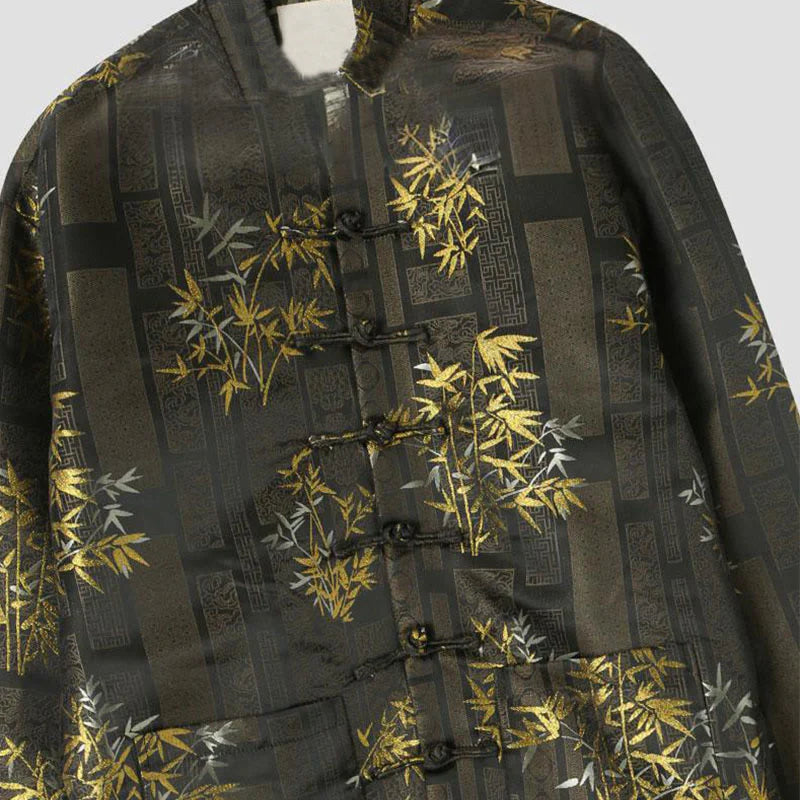 Buddha Stones Golden Bamboo Jacquard Frog-Button Long Sleeve Men's Jacket With Pockets