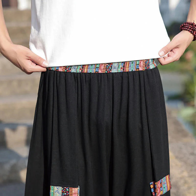 Buddha Stones Summer Ethnic 7-8 Length Cropped Cotton Men's Wide Leg Pants With Pockets