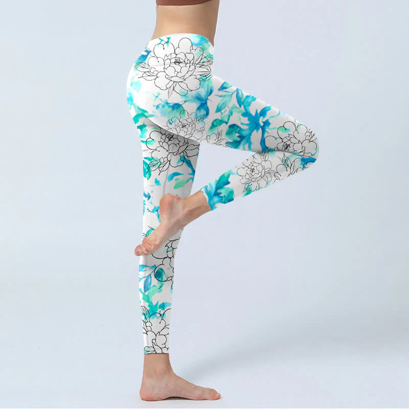 Buddha Stones Blue Watercolor Peony Flowers Lines Pattern Print Gym Leggings Women's Yoga Pants