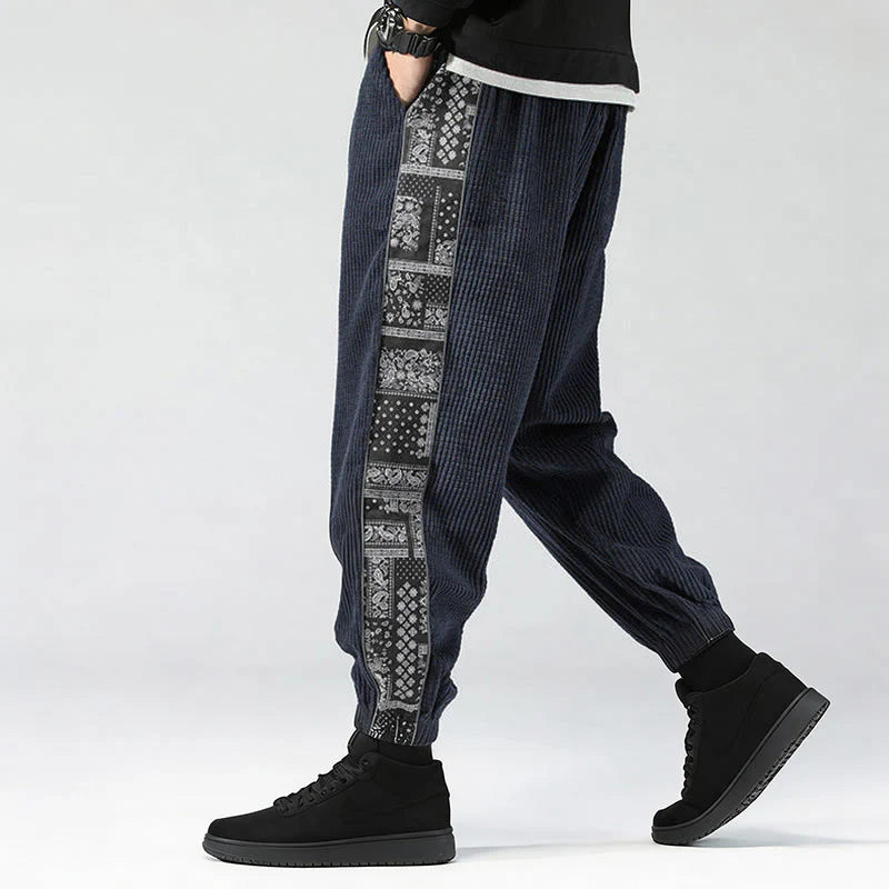 Buddha Stones Fall Solid Drawstring Side Paisley Pattern Straight Leg Ankle-length Corduroy Men's Pants With Pockets