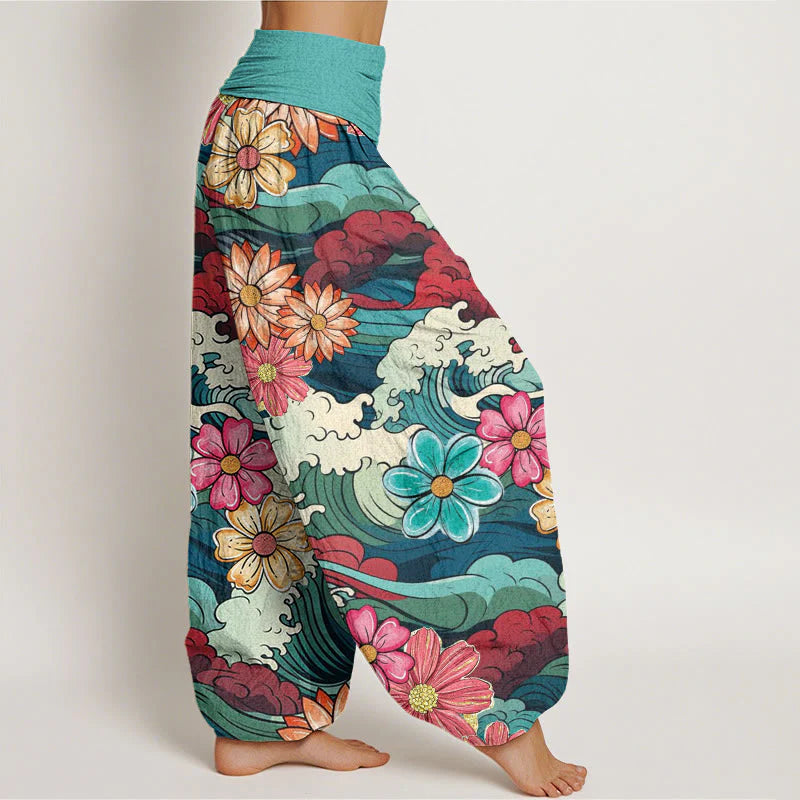 Buddha Stones Cotton Colorful Ocean Wave Various Flower Pattern Women's Elastic Waist Harem Pants