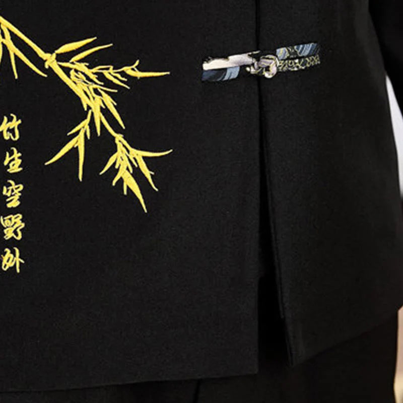 Buddha Stones 2Pcs Tang Suit Bamboo Frog-Button Men's Long Sleeve Shirt Pants Clothing Set