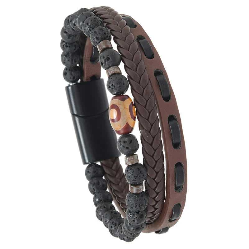 FREE Today: Wealth and Protection Dzi Bead Lava Rock Multilayered Braided Leather Bracelet