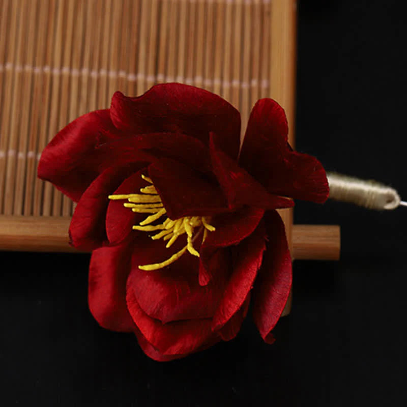 Buddha Stones Cultural Heritage Handcrafted Silk Art Red Camellia Blessing Sincerity Brooch