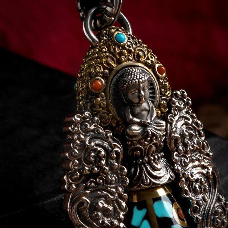 Buddha Stones Tibetan Nine-Eye Dzi Bead Turquoise Buddha Wealth Rotation Necklace (Extra 30% Off | USE CODE: FS30)