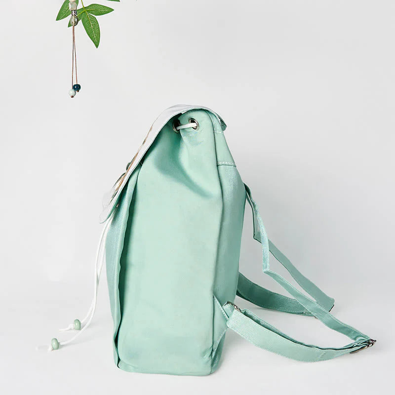Buddha Stones Handmade Green Peony Flowers Embroidered Large Capacity Canvas Backpack