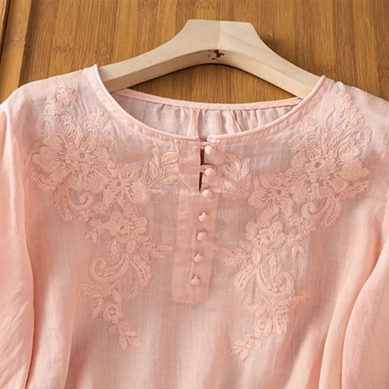 Buddha Stones Flower Vines Embroidery Button Crew Neck Three Quarter Sleeve Women's Cotton Shirt