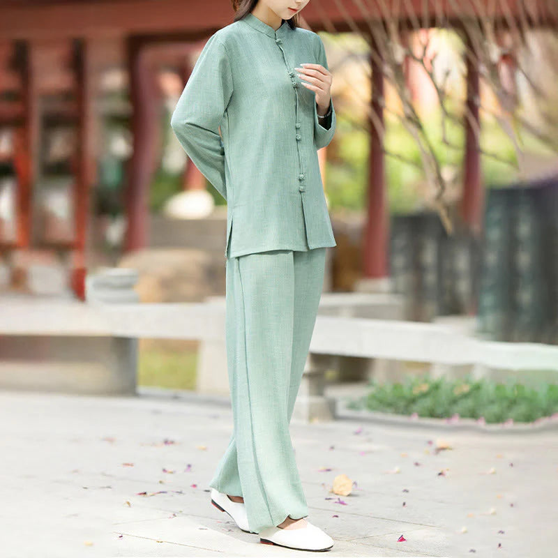 Buddha Stones 2Pcs Chinese Frog-Button Long Sleeve Shirt Top Pants Meditation Zen Tai Chi Cotton Clothing Women's Set