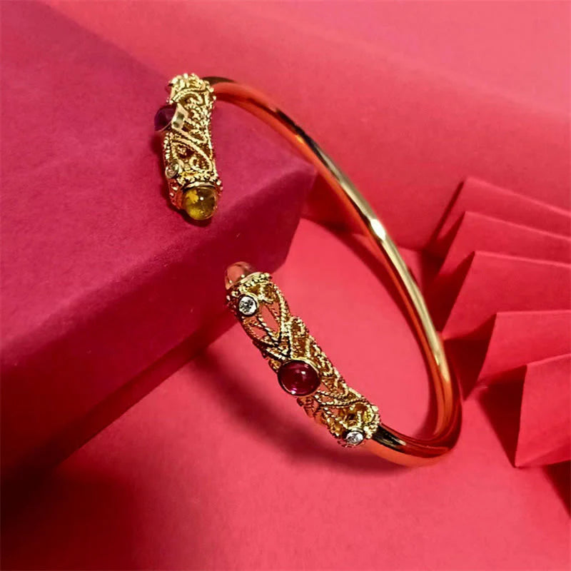 Buddha Stones Golden Flower Pattern Red Zircon Amber Copper Luck Cuff Bracelet Bangle