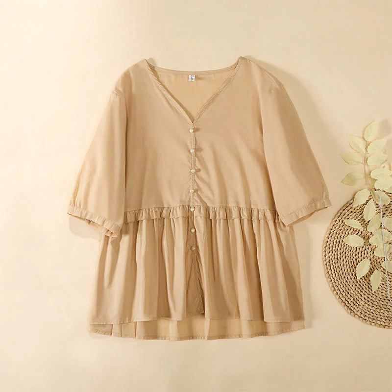 Buddha Stones Summer Solid Color V-Neck Decorative Buttons Design Women's Short Sleeve Shirt