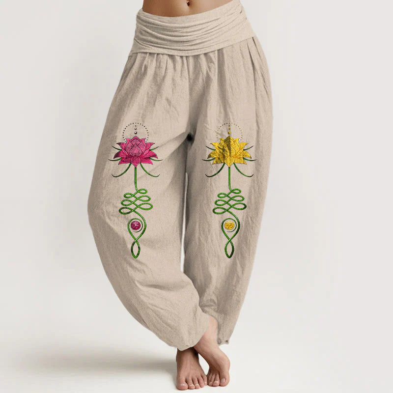 Buddha Stones Pure Cotton Strong Color Contrast Lotus Flower Pattern Women's Elastic Waist Harem Pants