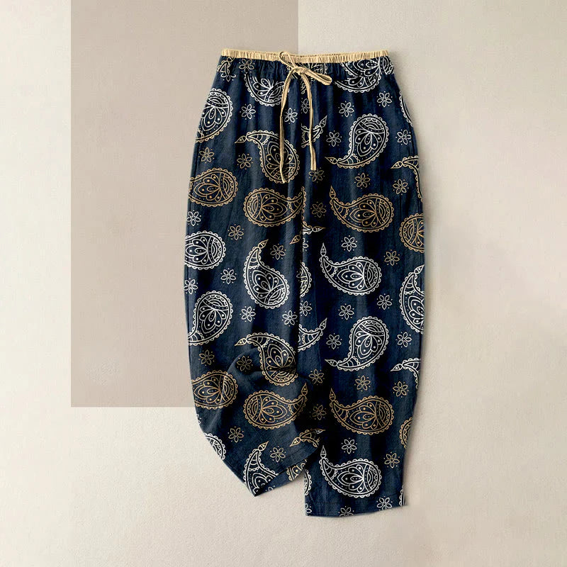 Buddha Stones Pure Cotton Elegant Paisley Pattern Women's Elastic Waist Pants With Pockets