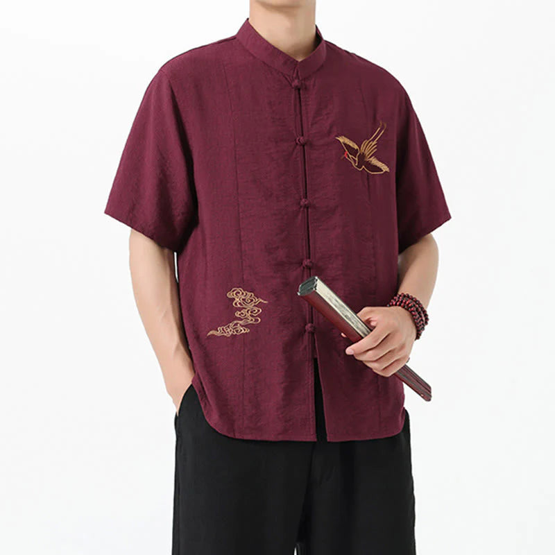 Buddha Stones Embroidery Buttons Half Sleeve Design Stand Collar Men's Cotton Shirt