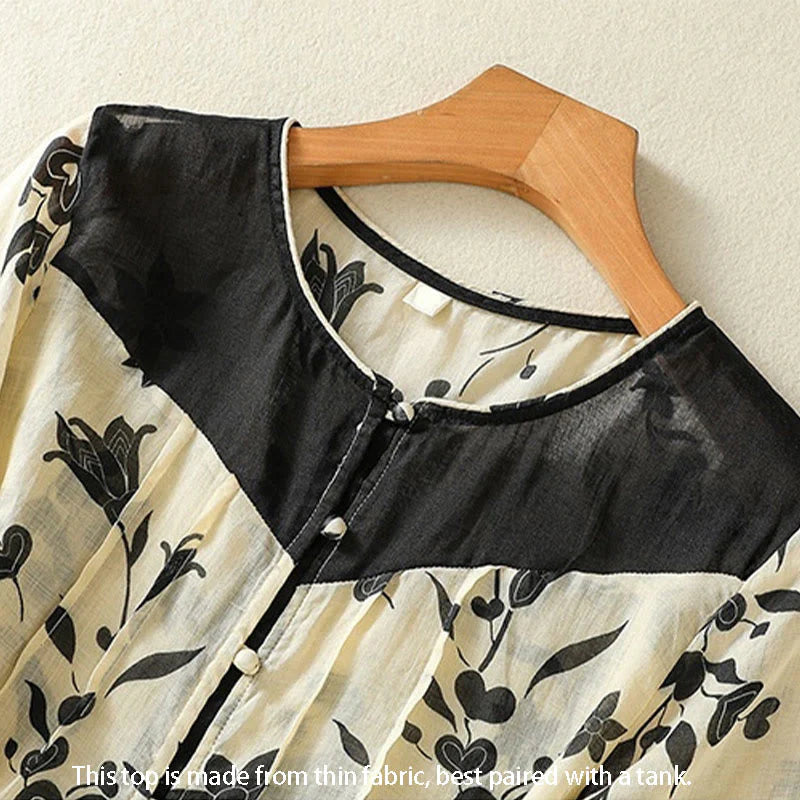 Buddha Stones Printing Floral Buttons Color Contrast Half Sleeve Women's Shirt