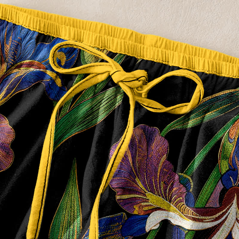 Buddha Stones Cotton Colorful Iris Floral Elastic Waist Drawstring Women's Pants With Pockets