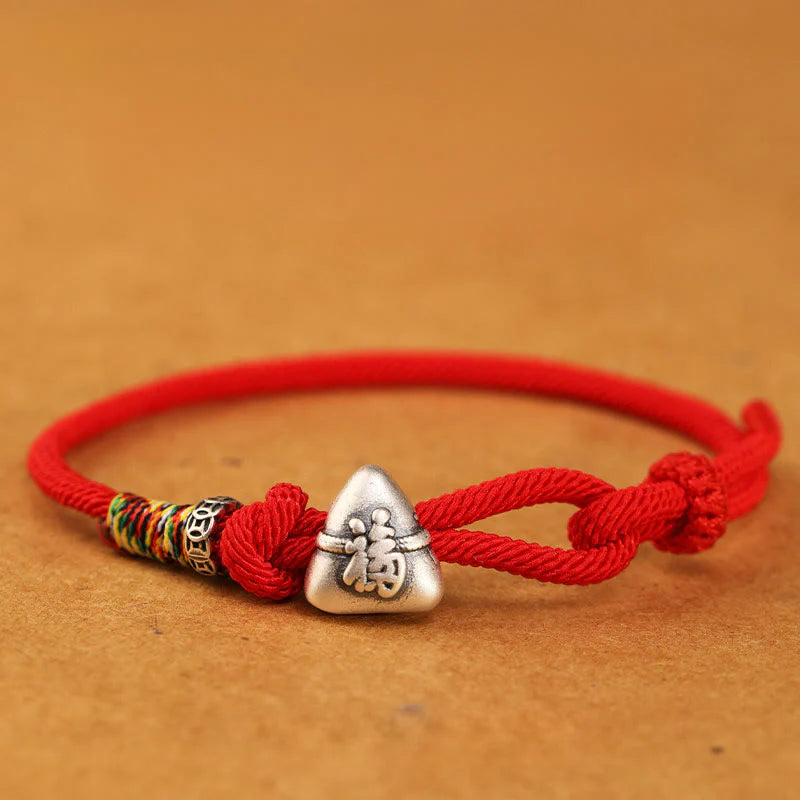 Buddha Stones 999 Sterling Silver Fu Character Zongzi Fortune Luck Rope Bracelet