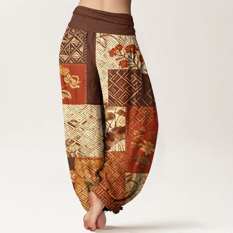 Buddha Stones Cotton Color Blocking Design Flower Geometry Pattern Women's Elastic Waist Harem Pants