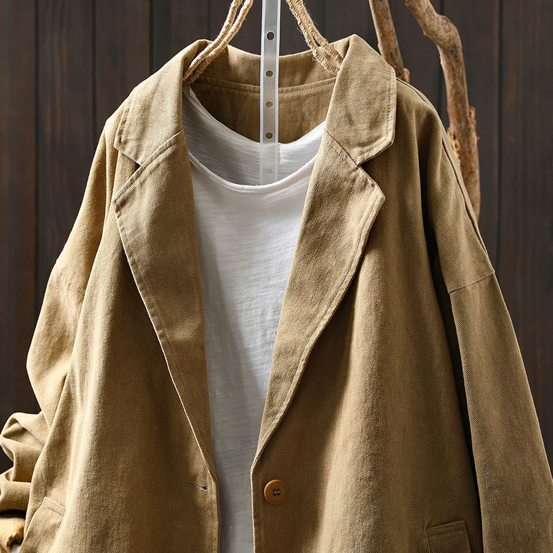 Buddha Stones Spring Fall Buttons Lapel Collar Long Sleeve Mid-length Cotton Women's Jacket With Pockets