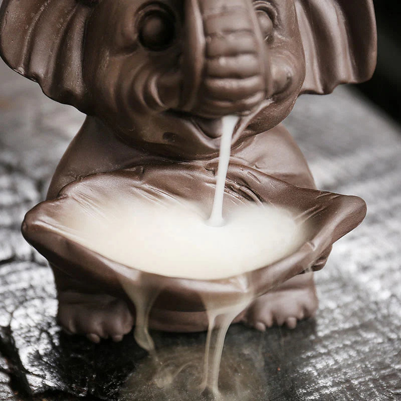 Buddha Stones Little Elephant Holding Leaf Purple Clay Backflow Smoke Fountain Healing Incense Burner Decoration