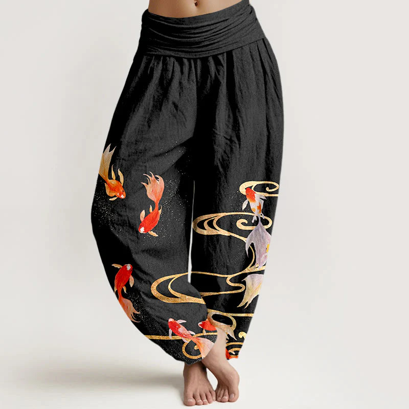 Buddha Stones Pure Cotton Koi Fish Koi Water Ripples Pattern Women's Elastic Waist Harem Pants