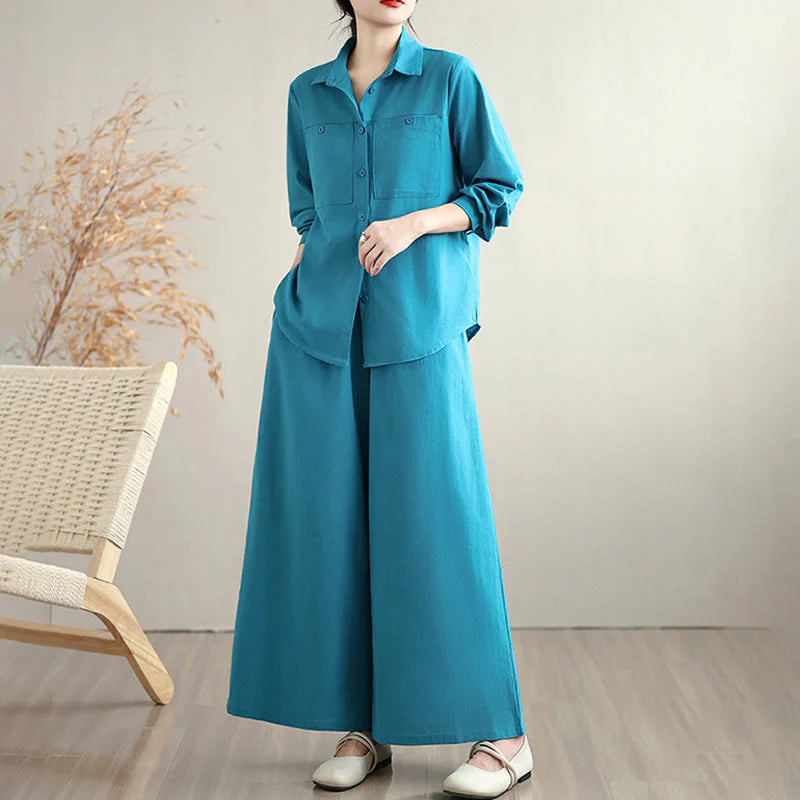Buddha Stones 2Pcs Fall Solid Color Cotton Buttons Down Long Sleeve Shirt Ankle-Length Wide Leg Pants Women's Set With Pockets