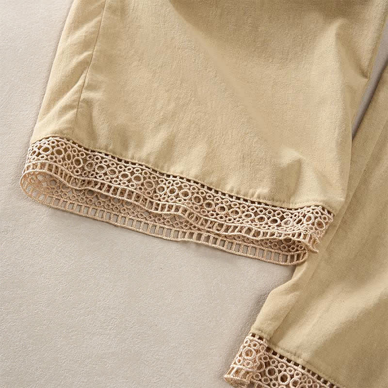 Buddha Stones Summer Lace-trimmed Hem Solid Color Women's Tapered Pants With Pockets
