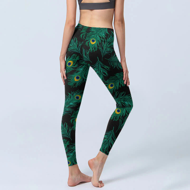 Buddha Stones Retro Peacock Feather Pattern Print Gym Leggings Women's Yoga Pants
