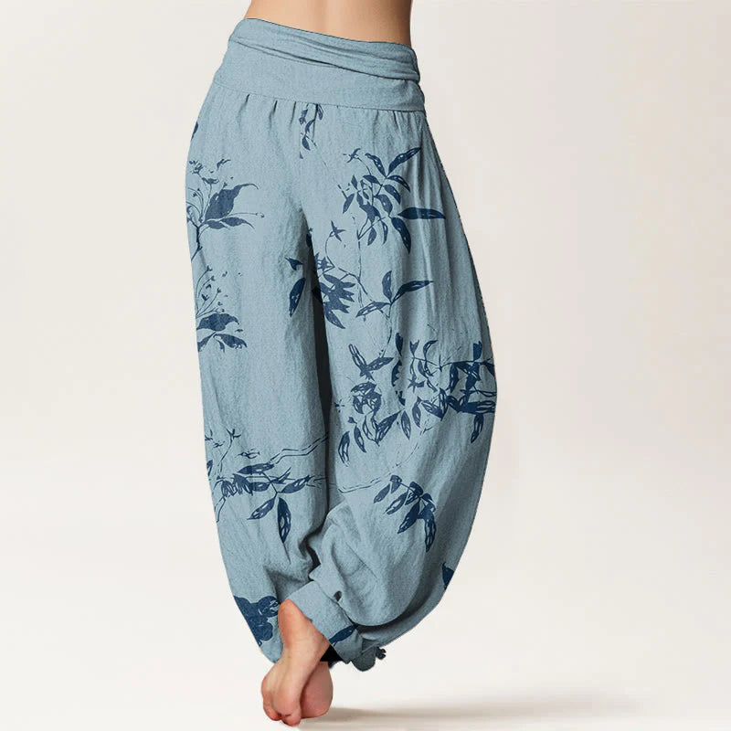 Buddha Stones Pure Cotton Branch Pattern Women's Elastic Waist Harem Pants