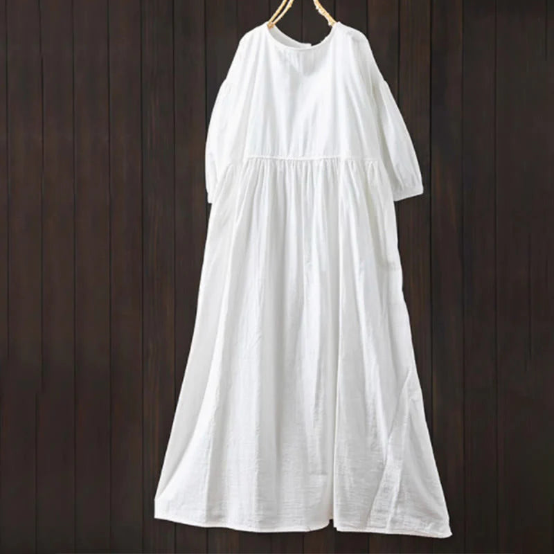 Buddha Stones Summer Solid Color Crew Neck Half Sleeve Cotton Midi Dress With Pockets
